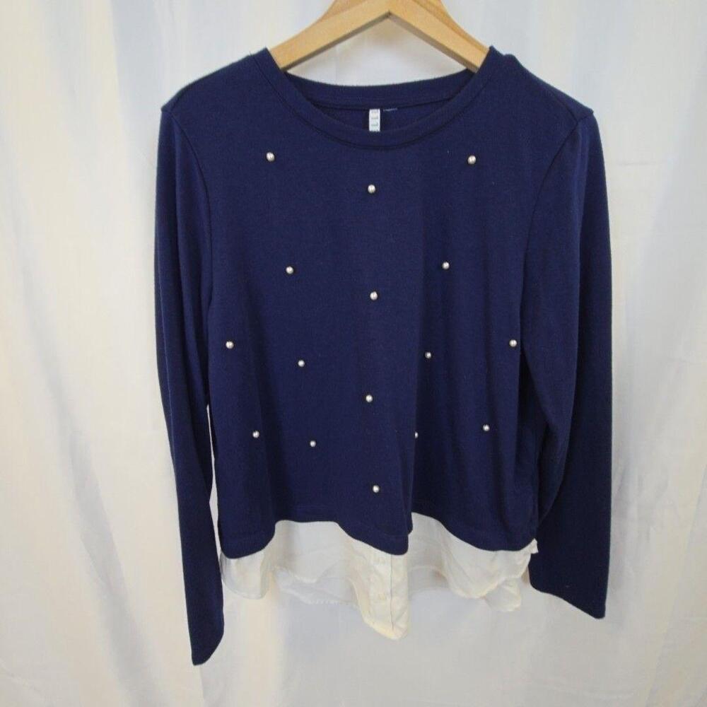ELLE Sweater Womens Medium Blue Pearl Beaded Layered Hem Faux Shirt Knit Top